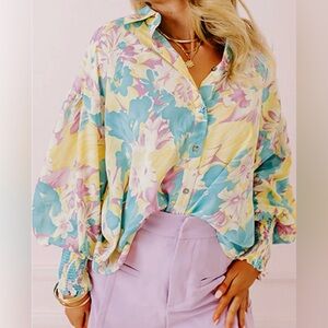 Yellow Floral Allover Print Shirred Cuff Oversized Blouse